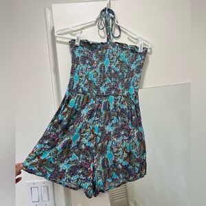 Teal Blue floral romper with pockets! XS